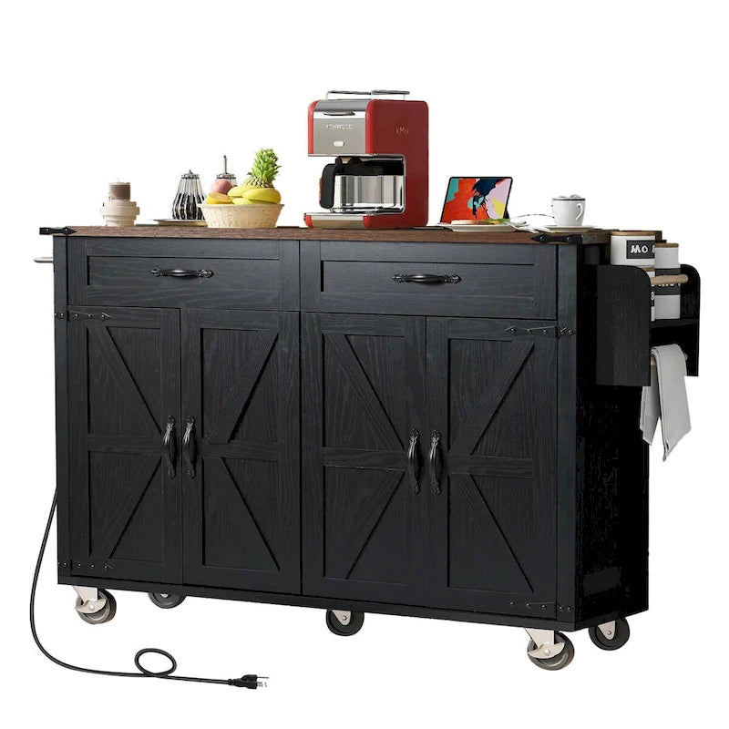 53.5-Inch Farmhouse Kitchen Island with Power Outlet and Drop Leaf