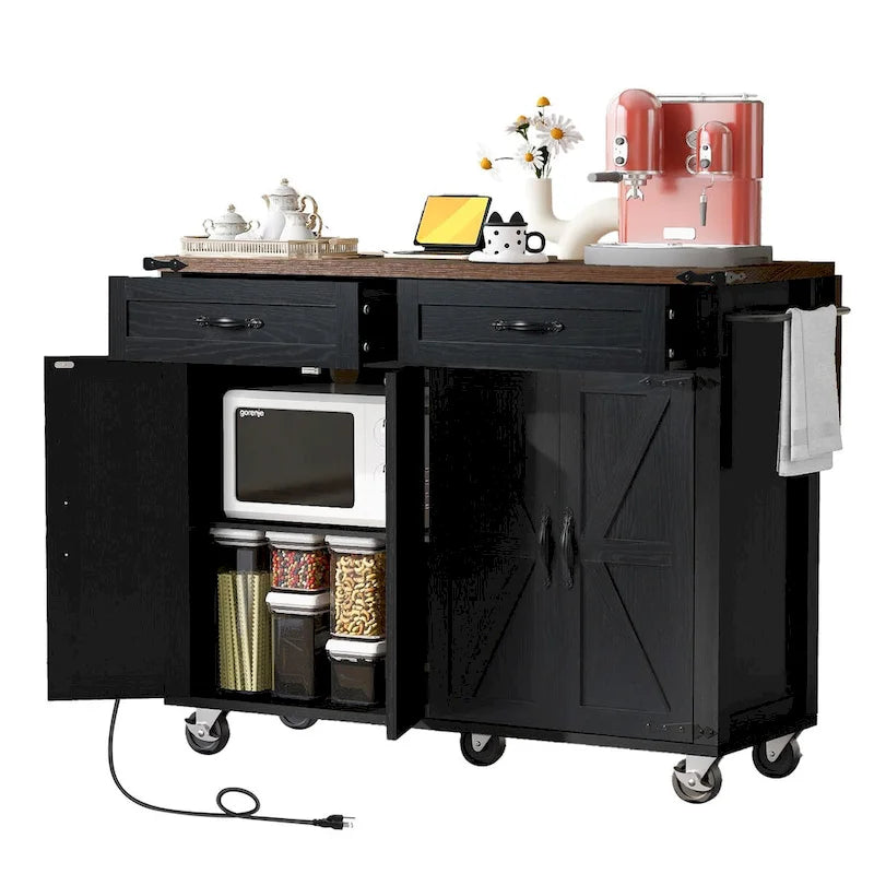 53.5-Inch Farmhouse Kitchen Island with Power Outlet and Drop Leaf