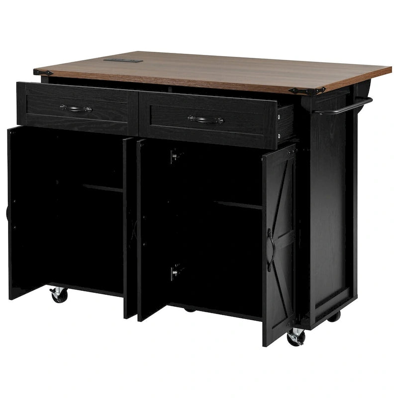 53.5-Inch Farmhouse Kitchen Island with Power Outlet and Drop Leaf