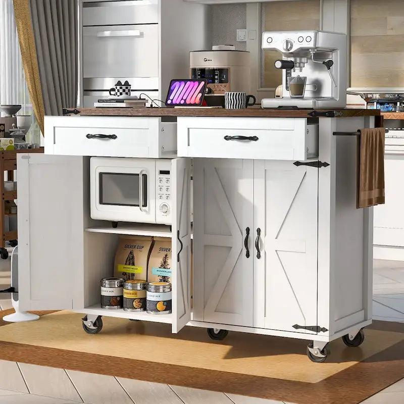 53.5-Inch Farmhouse Kitchen Island with Power Outlet and Drop Leaf