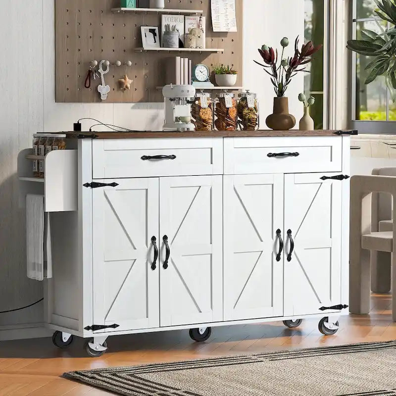 53.5-Inch Farmhouse Kitchen Island with Power Outlet and Drop Leaf
