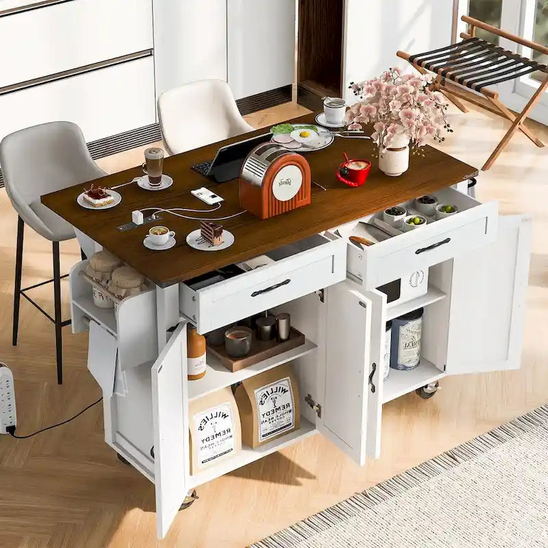 53.5-Inch Farmhouse Kitchen Island with Power Outlet and Drop Leaf
