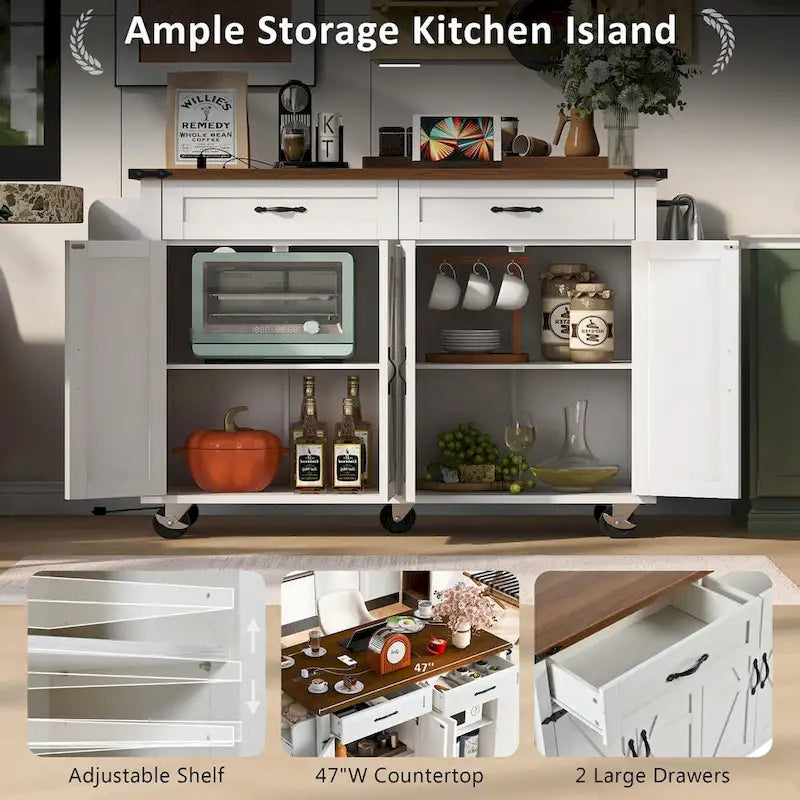 53.5-Inch Farmhouse Kitchen Island with Power Outlet and Drop Leaf