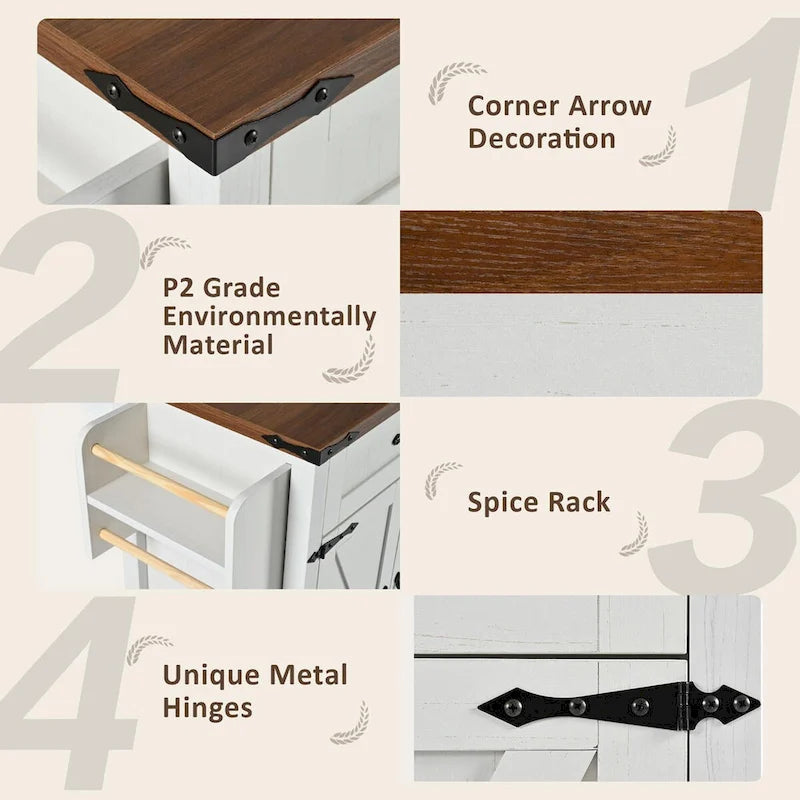 53.5-Inch Farmhouse Kitchen Island with Power Outlet and Drop Leaf