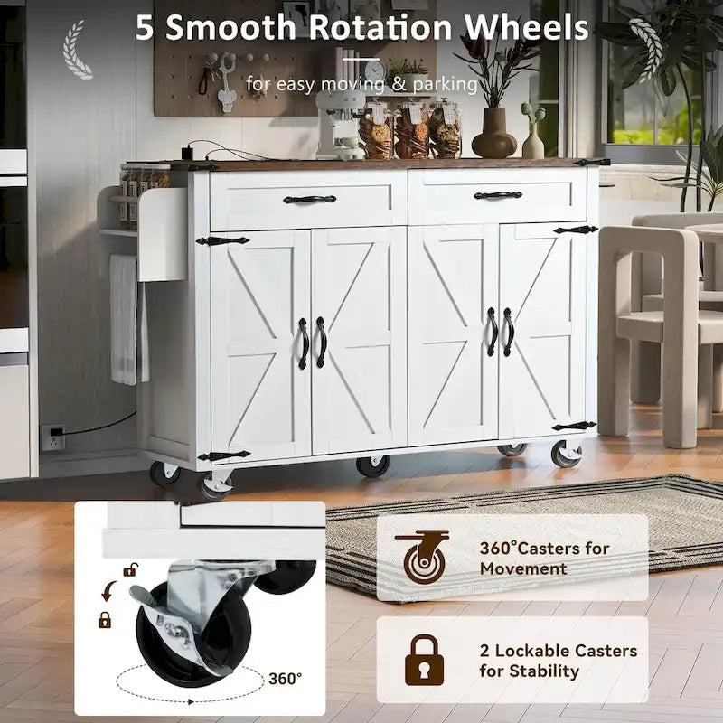 53.5-Inch Farmhouse Kitchen Island with Power Outlet and Drop Leaf