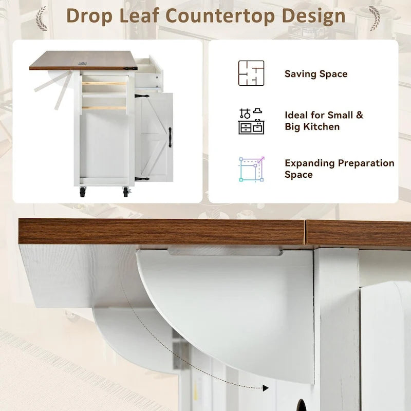 53.5-Inch Farmhouse Kitchen Island with Power Outlet and Drop Leaf