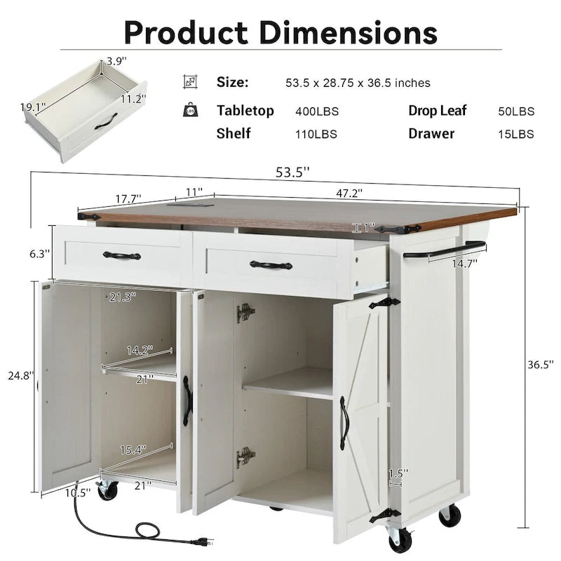 53.5-Inch Farmhouse Kitchen Island with Power Outlet and Drop Leaf