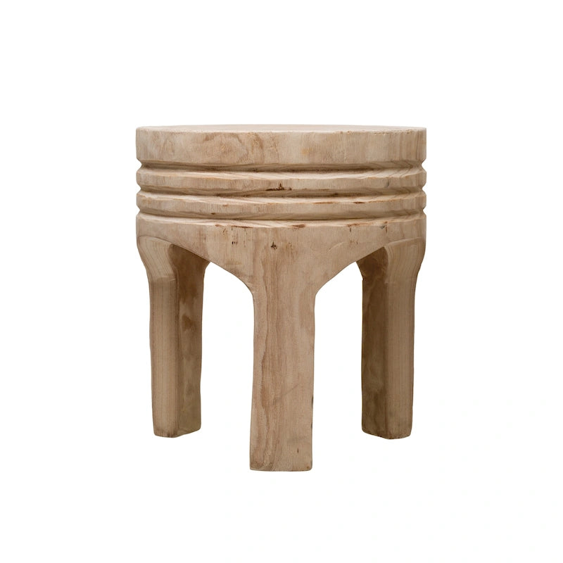 Round Carved Paulownia Wood Stool 14-Inch Boho Style 300 Lb