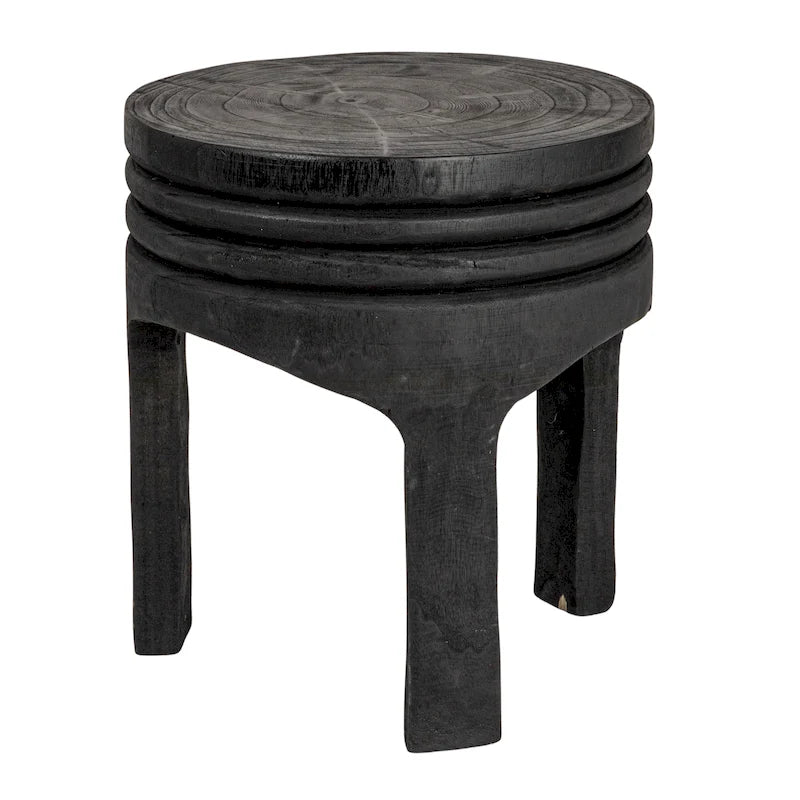 Round Carved Paulownia Wood Stool 14-Inch Boho Style 300 Lb