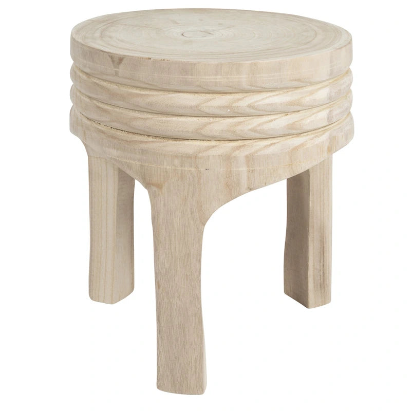 Round Carved Paulownia Wood Stool 14-Inch Boho Style 300 Lb
