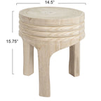 Round Carved Paulownia Wood Stool 14-Inch Boho Style 300 Lb