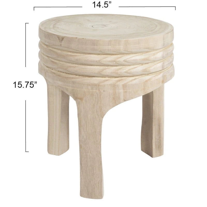 Round Carved Paulownia Wood Stool 14-Inch Boho Style 300 Lb