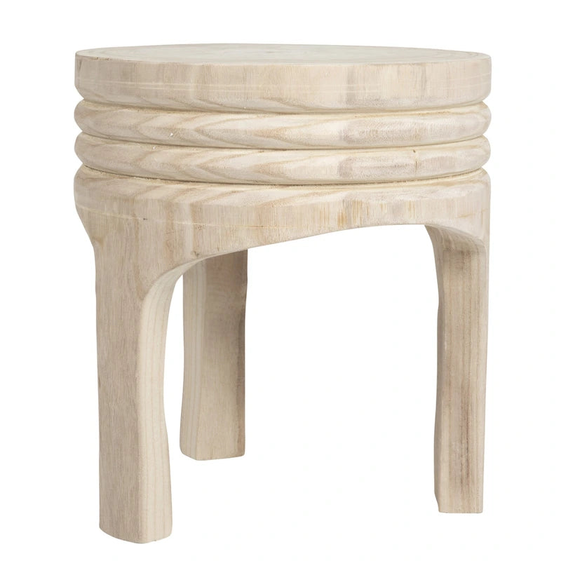 Round Carved Paulownia Wood Stool 14-Inch Boho Style 300 Lb