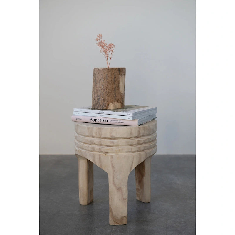 Round Carved Paulownia Wood Stool 14-Inch Boho Style 300 Lb