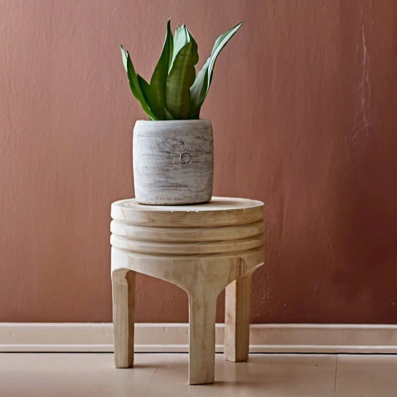 Round Carved Paulownia Wood Stool 14-Inch Boho Style 300 Lb