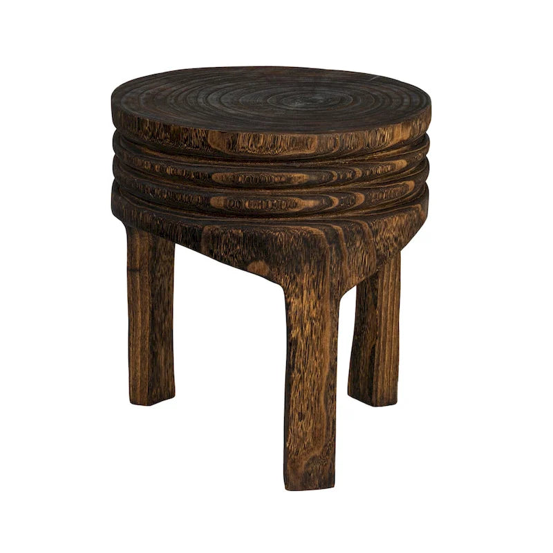 Round Carved Paulownia Wood Stool 14-Inch Boho Style 300 Lb