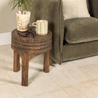 Round Carved Paulownia Wood Stool 14-Inch Boho Style 300 Lb