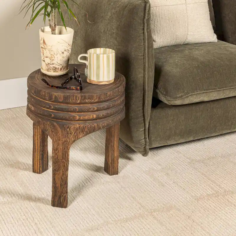Round Carved Paulownia Wood Stool 14-Inch Boho Style 300 Lb