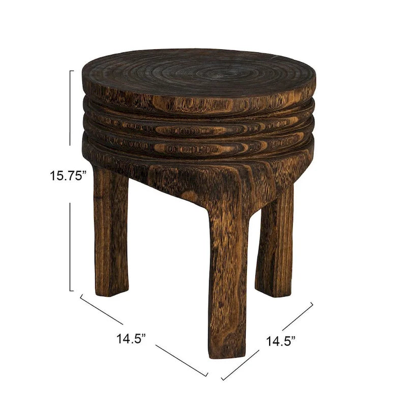 Round Carved Paulownia Wood Stool 14-Inch Boho Style 300 Lb