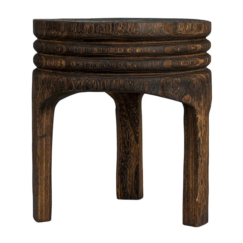 Round Carved Paulownia Wood Stool 14-Inch Boho Style 300 Lb