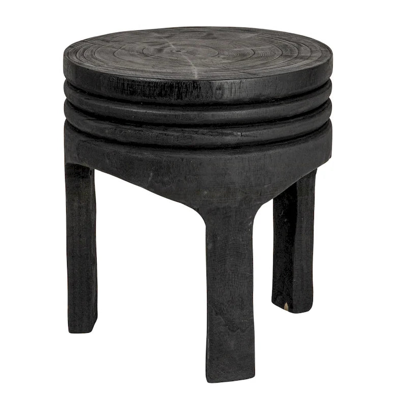 Round Carved Paulownia Wood Stool 14-Inch Boho Style 300 Lb