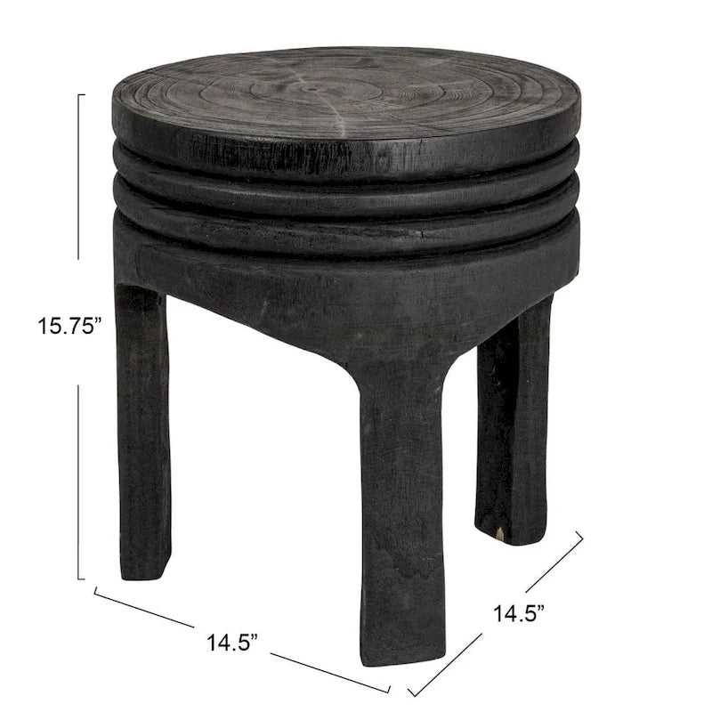 Round Carved Paulownia Wood Stool 14-Inch Boho Style 300 Lb