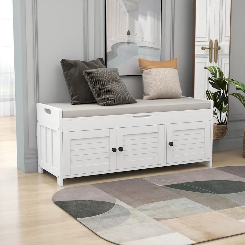 43-Inch Rustic Pine Storage Bench with Shutter Doors and Cushion