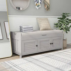 43-Inch Rustic Pine Storage Bench with Shutter Doors and Cushion