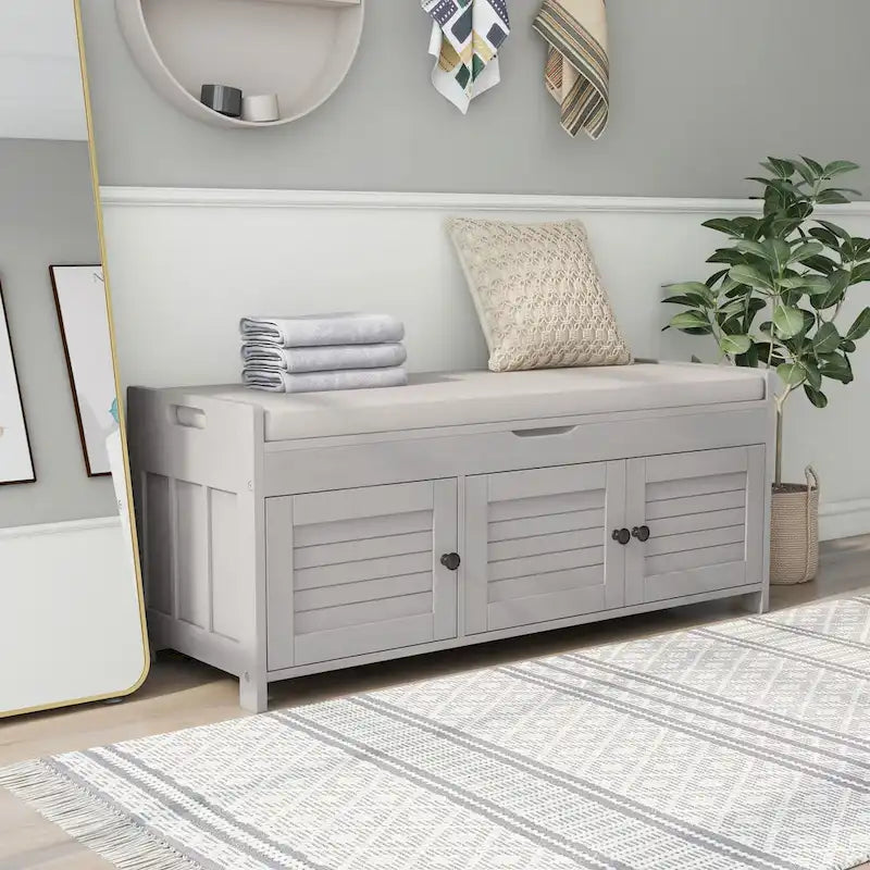 43-Inch Rustic Pine Storage Bench with Shutter Doors and Cushion