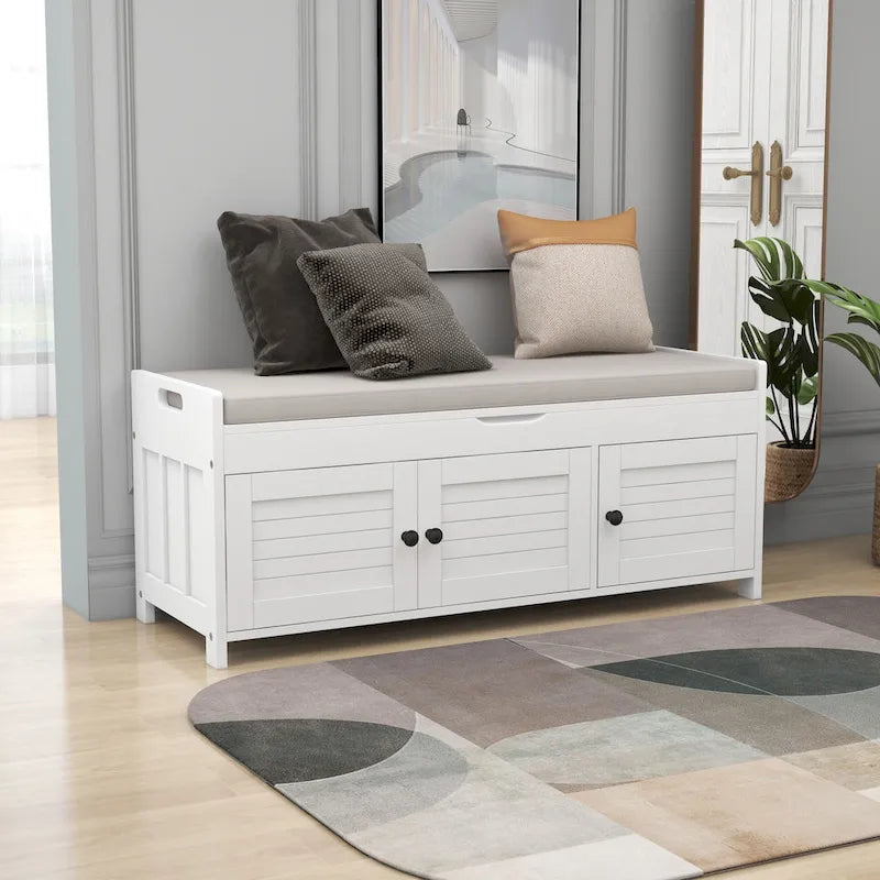 43-Inch Rustic Pine Storage Bench with Shutter Doors and Cushion