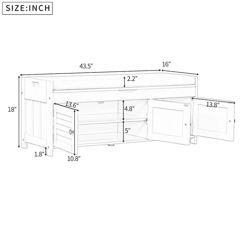43-Inch Rustic Pine Storage Bench with Shutter Doors and Cushion