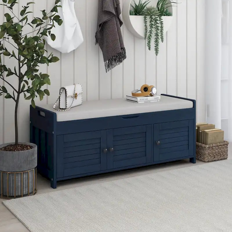 43-Inch Rustic Pine Storage Bench with Shutter Doors and Cushion