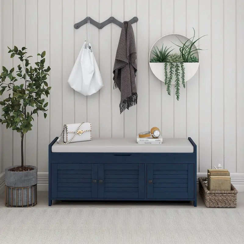 43-Inch Rustic Pine Storage Bench with Shutter Doors and Cushion