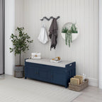 43-Inch Rustic Pine Storage Bench with Shutter Doors and Cushion