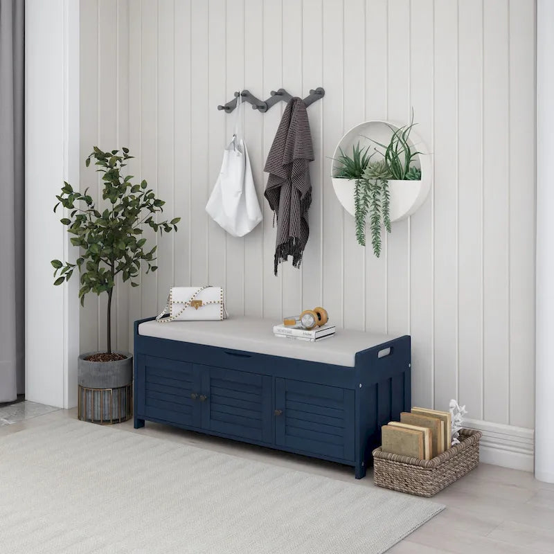43-Inch Rustic Pine Storage Bench with Shutter Doors and Cushion