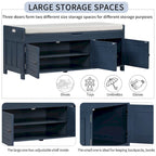43-Inch Rustic Pine Storage Bench with Shutter Doors and Cushion