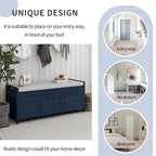 43-Inch Rustic Pine Storage Bench with Shutter Doors and Cushion