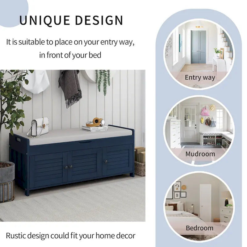 43-Inch Rustic Pine Storage Bench with Shutter Doors and Cushion