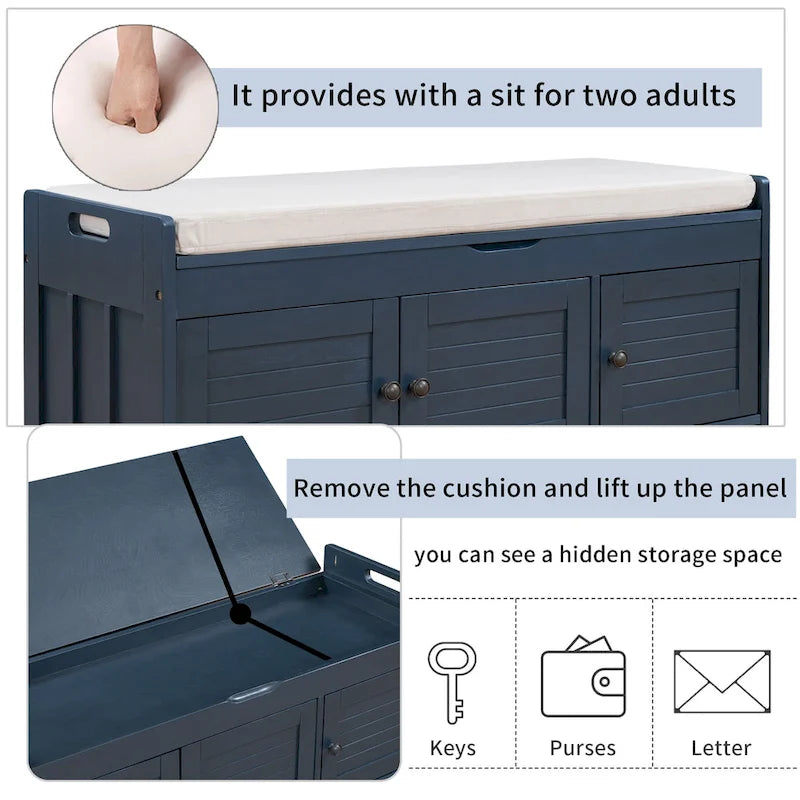 43-Inch Rustic Pine Storage Bench with Shutter Doors and Cushion