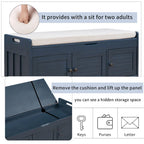 43-Inch Rustic Pine Storage Bench with Shutter Doors and Cushion