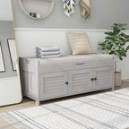 43-Inch Rustic Pine Storage Bench with Shutter Doors and Cushion