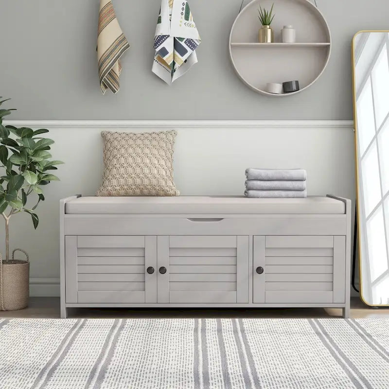 43-Inch Rustic Pine Storage Bench with Shutter Doors and Cushion