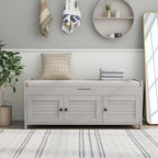 43-Inch Rustic Pine Storage Bench with Shutter Doors and Cushion