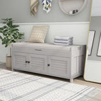 43-Inch Rustic Pine Storage Bench with Shutter Doors and Cushion