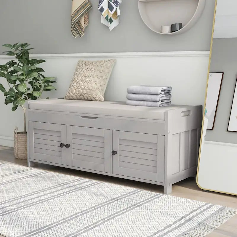 43-Inch Rustic Pine Storage Bench with Shutter Doors and Cushion