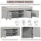 43-Inch Rustic Pine Storage Bench with Shutter Doors and Cushion