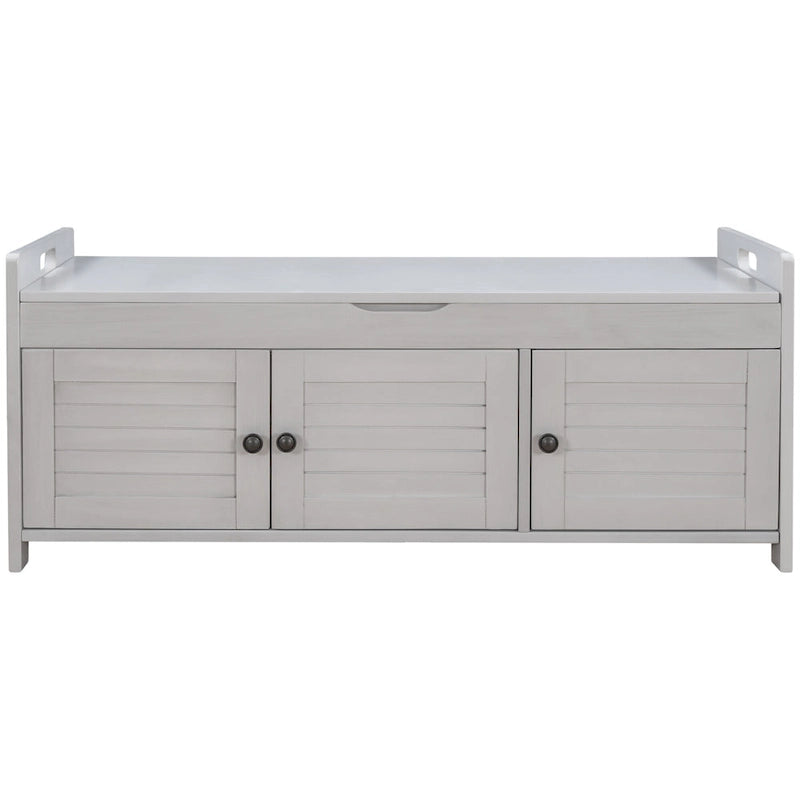 43-Inch Rustic Pine Storage Bench with Shutter Doors and Cushion