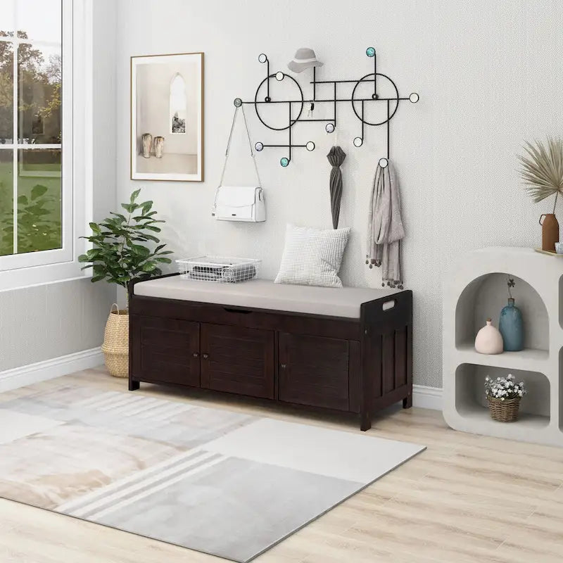 43-Inch Rustic Pine Storage Bench with Shutter Doors and Cushion