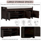 43-Inch Rustic Pine Storage Bench with Shutter Doors and Cushion
