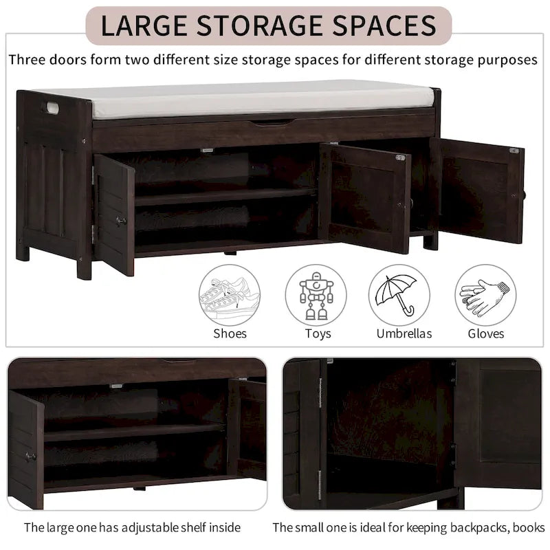 43-Inch Rustic Pine Storage Bench with Shutter Doors and Cushion